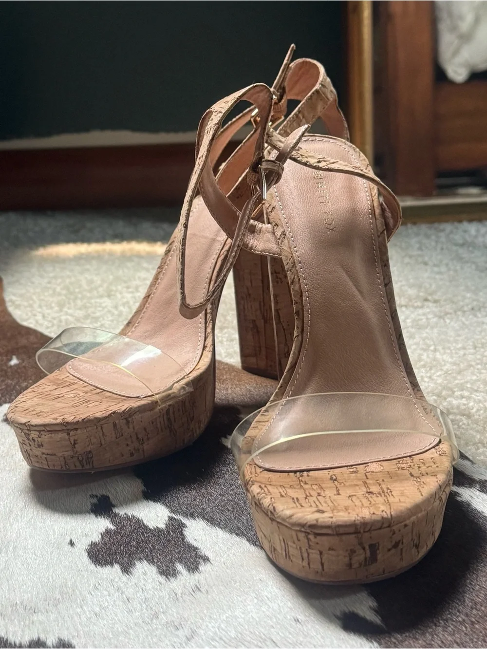 Cork Platform Block Heels - Tan